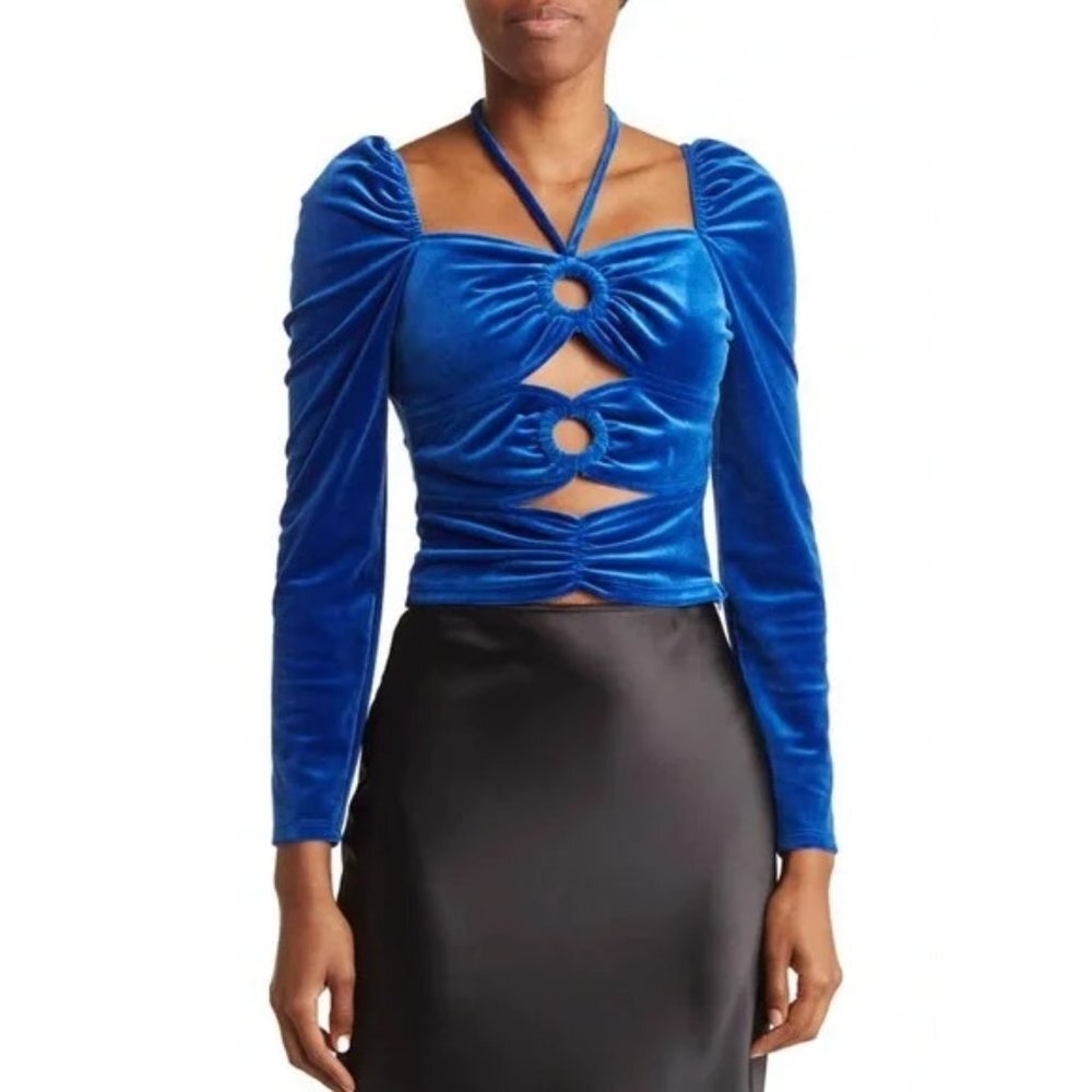 Torn Ronny Kobo Petra Long Puff Sleeve Cutout Velvet Top Electric Blue Medium